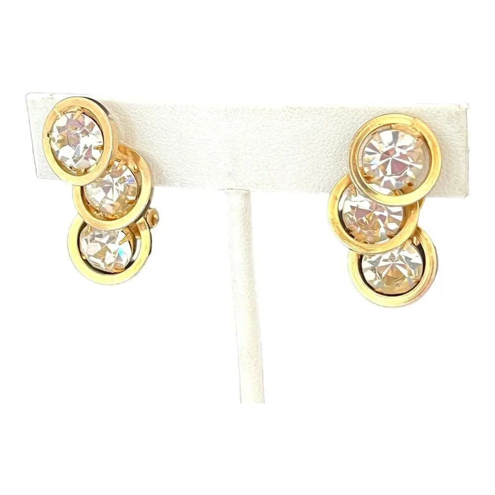 Vintage 1960s Judy Lee Clip Earrings Rhinestone Gold Tone - 1C
